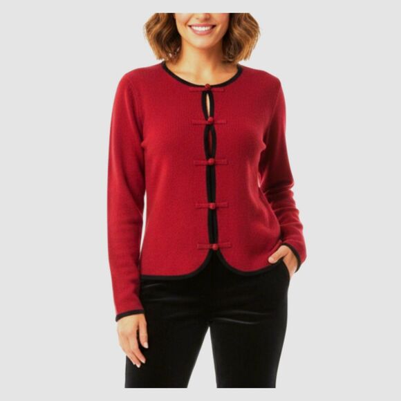 Laura Ashley Red Wool Angora Silk Black Velvet Trim LS Cardigan Sweater Size M - Picture 1 of 10